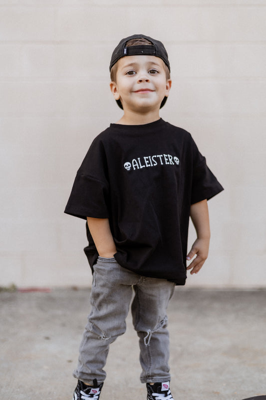 Custom Embroidered Black Halloween Tee, Sweatshirt or Bubble Romper - Bones Font