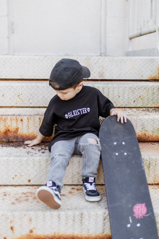 Custom Embroidered Black Halloween Tee, Sweatshirt or Bubble Romper - Bones Font