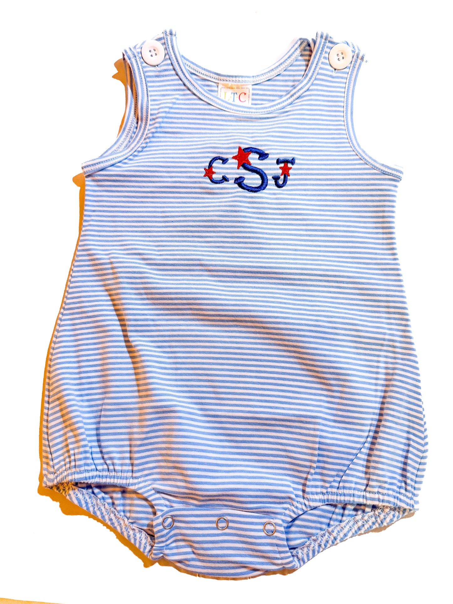 Custom Embroidered Blue Striped Bubble Romper - Summer or 4th of July