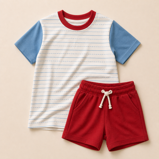 Custom Embroidered Colorblock Back to School Tee & Shorts Set – Notebook Print
