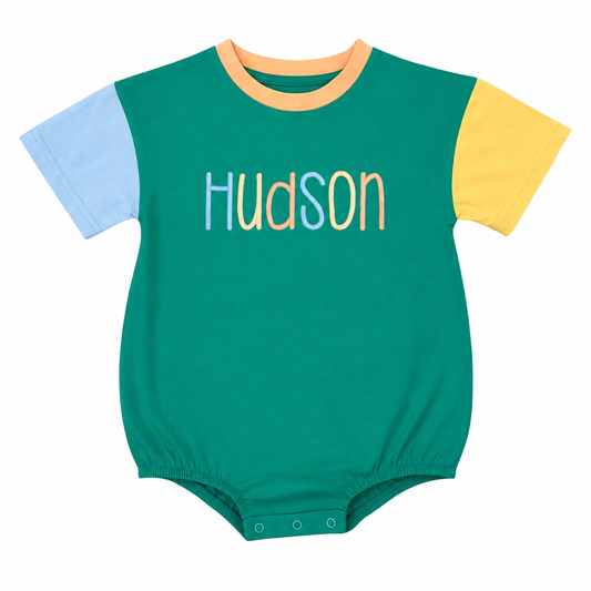 Custom Embroidered Colorblock T-Shirt Romper - Green