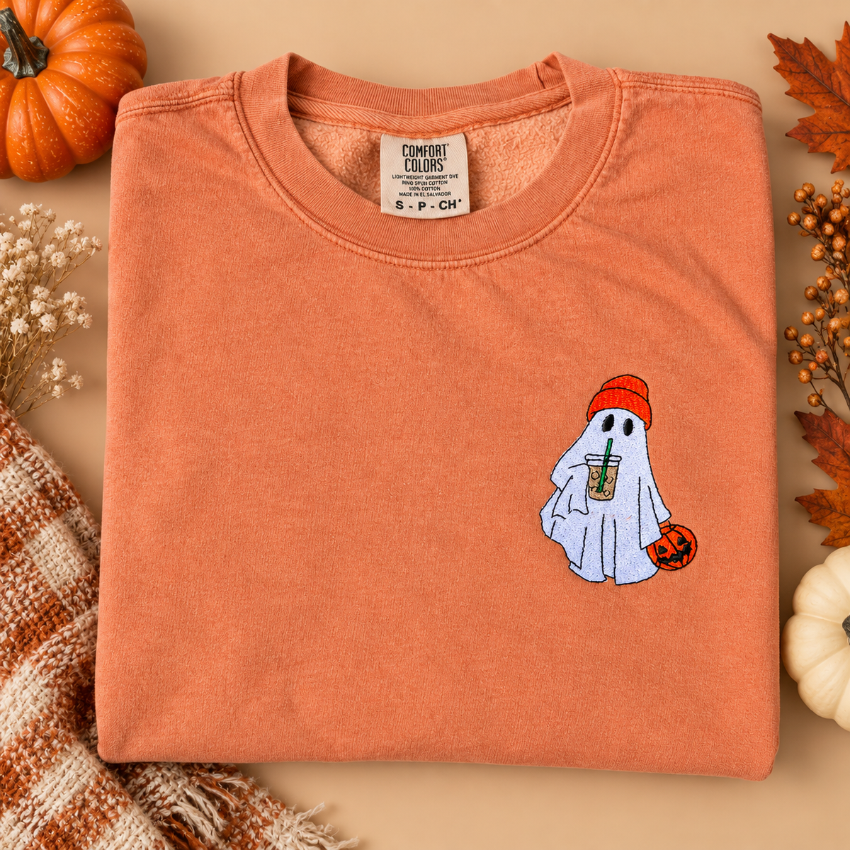 Adult Embroidered Iced Coffee Ghost Comfort Colors Crewneck Sweatshirt - more colors