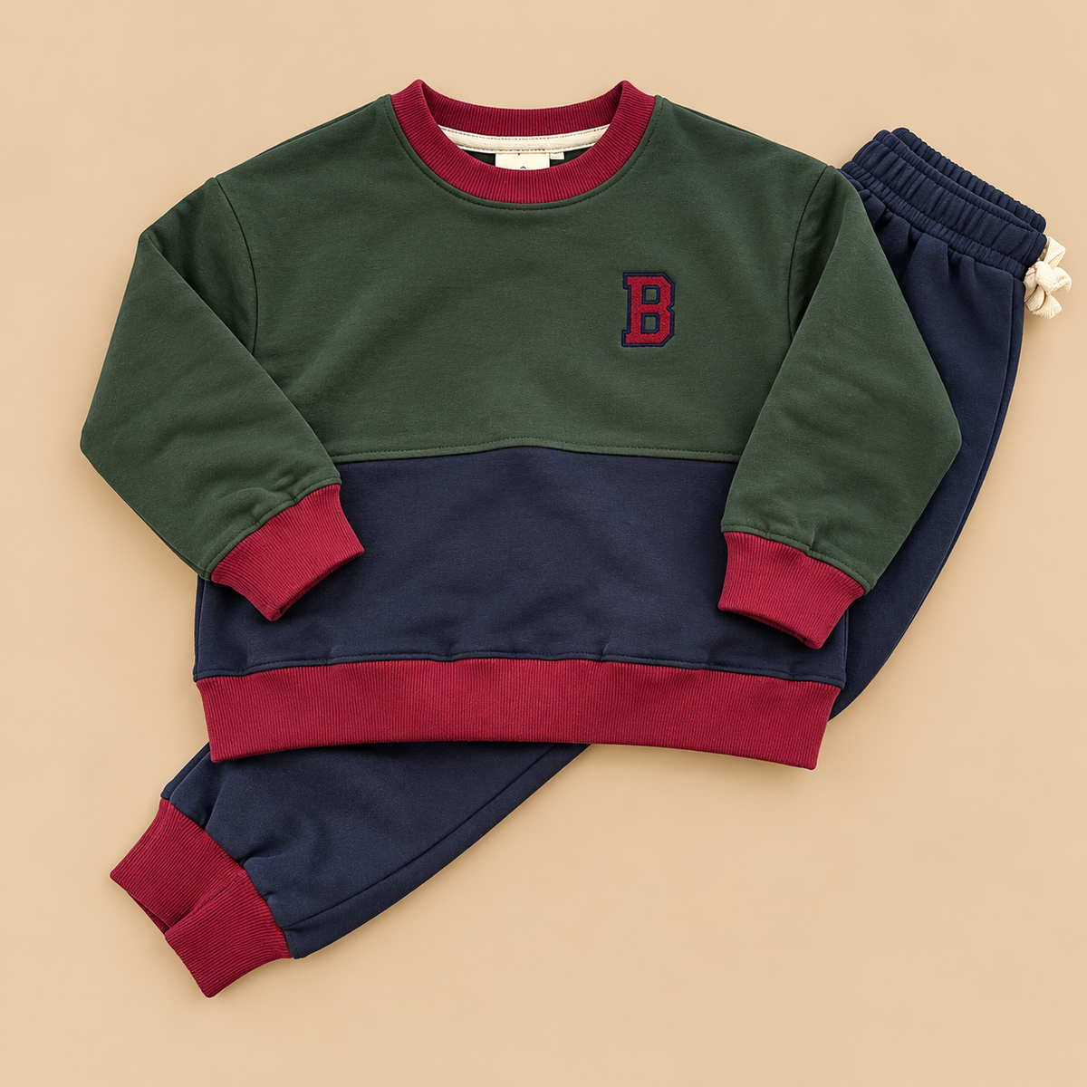 Custom Embroidered Organic Cotton Colorblock Jogger Set — Navy, Green & Maroon
