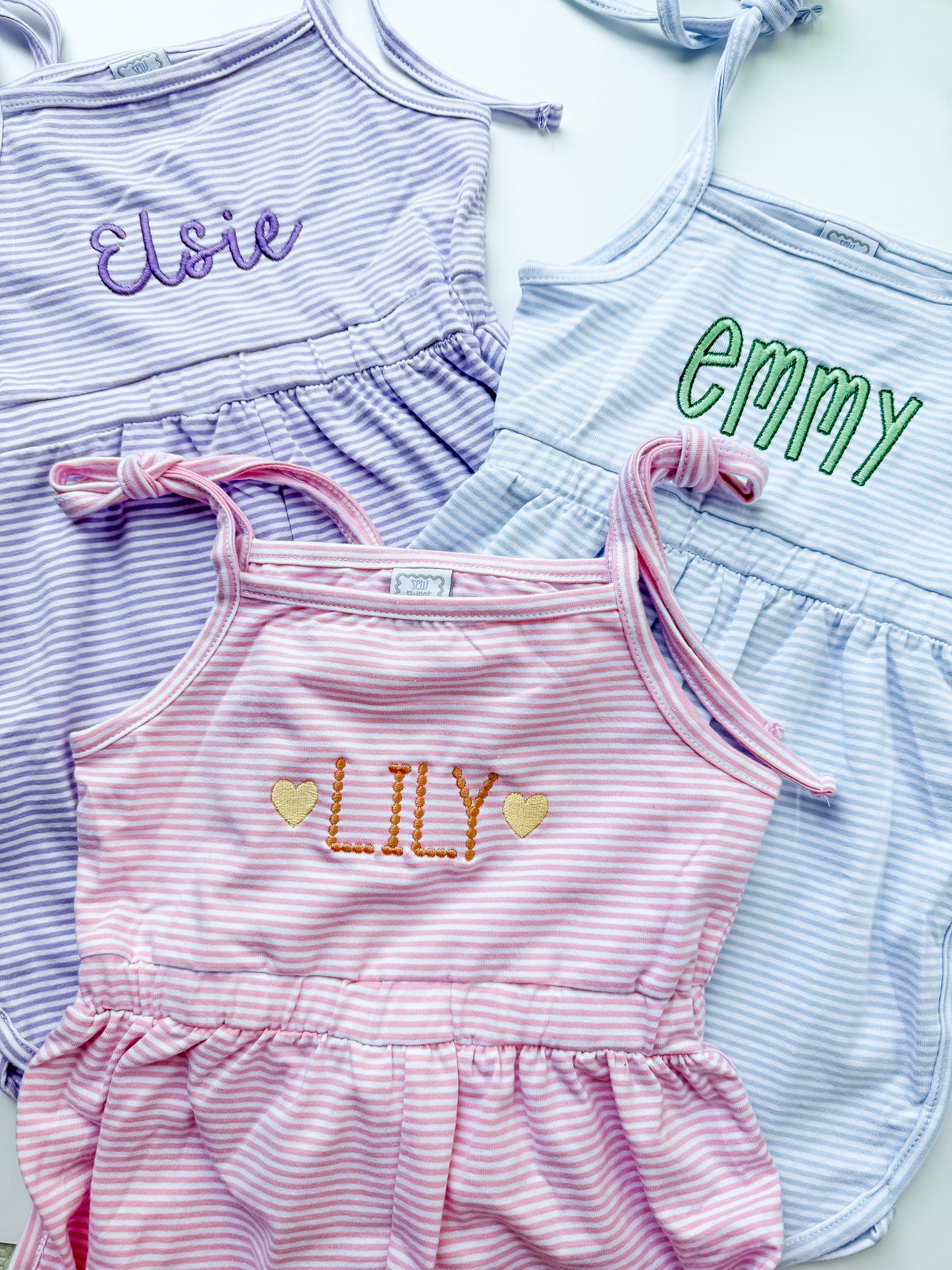 Custom Embroidered Striped Tie Strap Tank Romper - Purple, Blue, or Pink