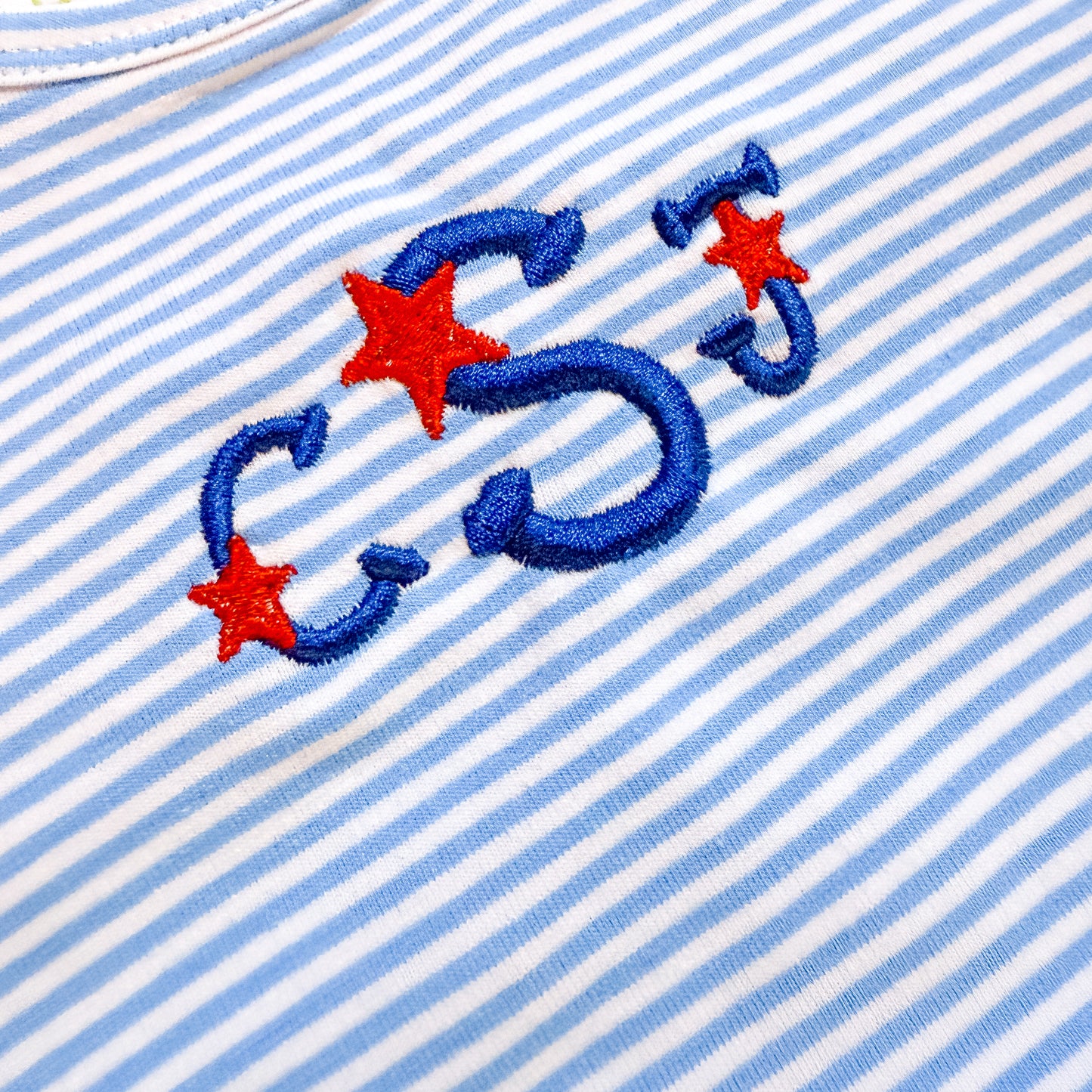 Custom Embroidered Blue Striped Bubble Romper - Summer or 4th of July