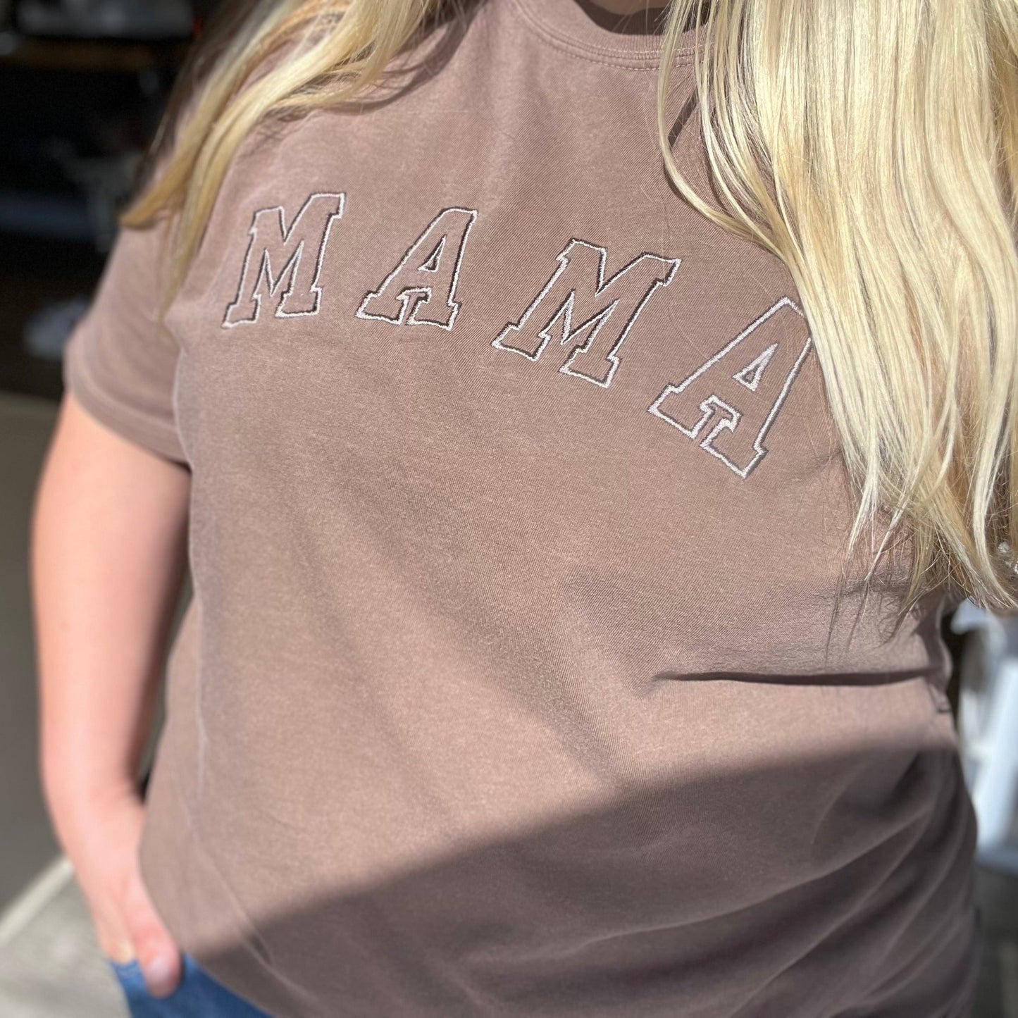 Neutral Mama Tee - Embroidered Varsity Design - Tonal