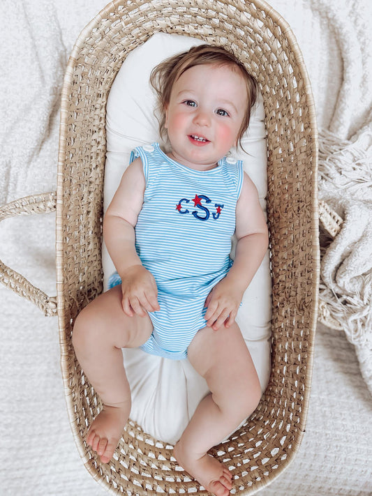 Custom Embroidered Blue Striped Bubble Romper - Summer or 4th of July