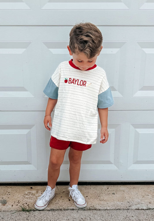 Custom Embroidered Colorblock Back to School Tee & Shorts Set – Notebook Print