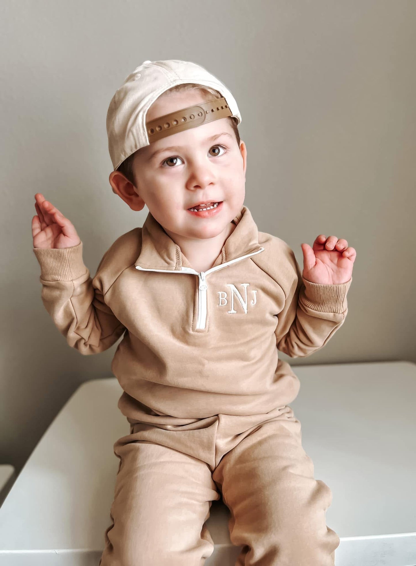 Custom Embroidered Organic Cotton Quarter-Zip Set - Tan