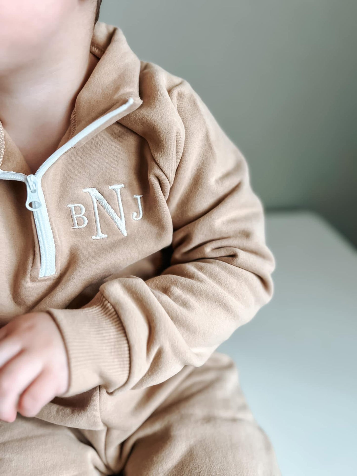 Custom Embroidered Organic Cotton Quarter-Zip Set - Tan