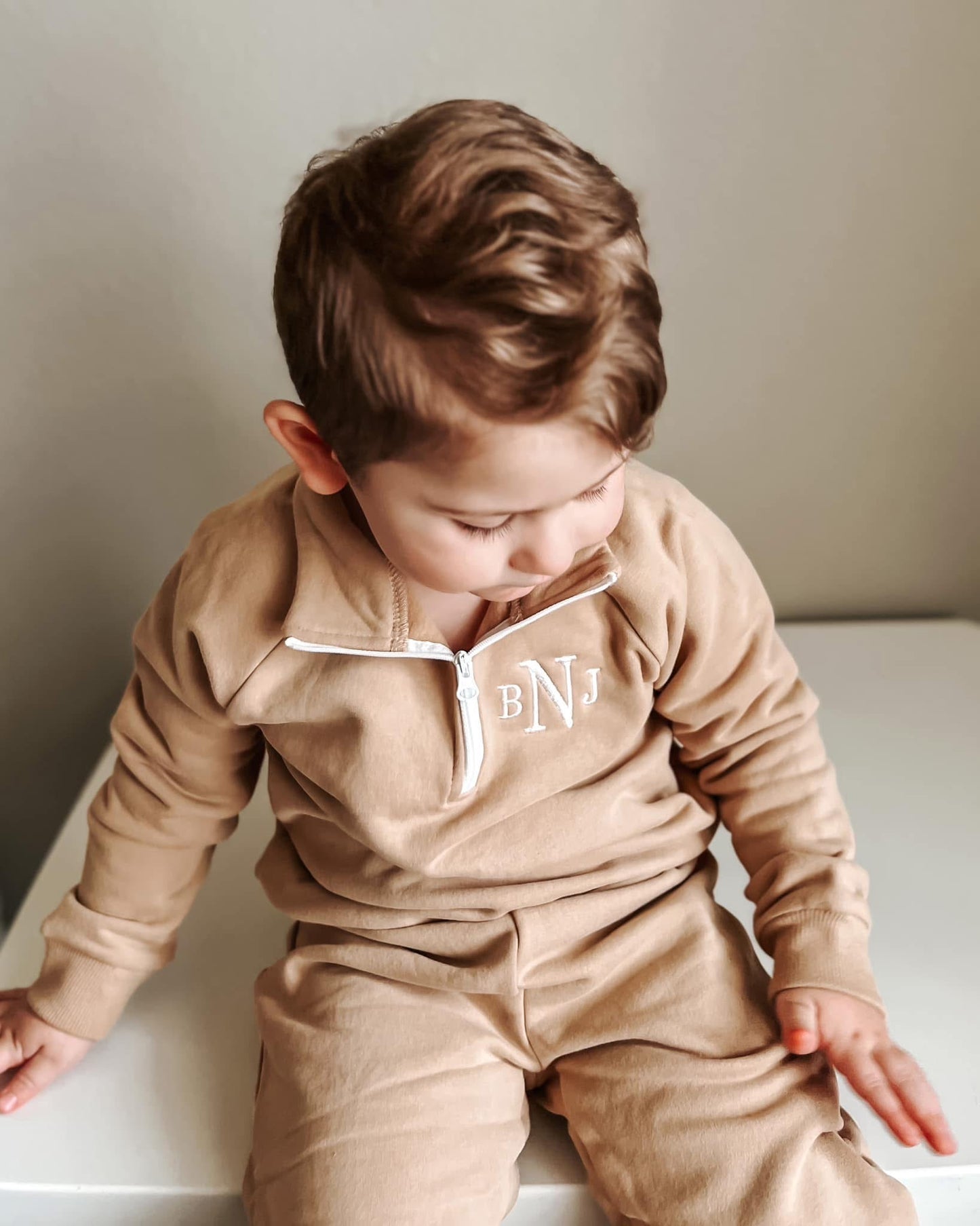 Custom Embroidered Organic Cotton Quarter-Zip Set - Tan