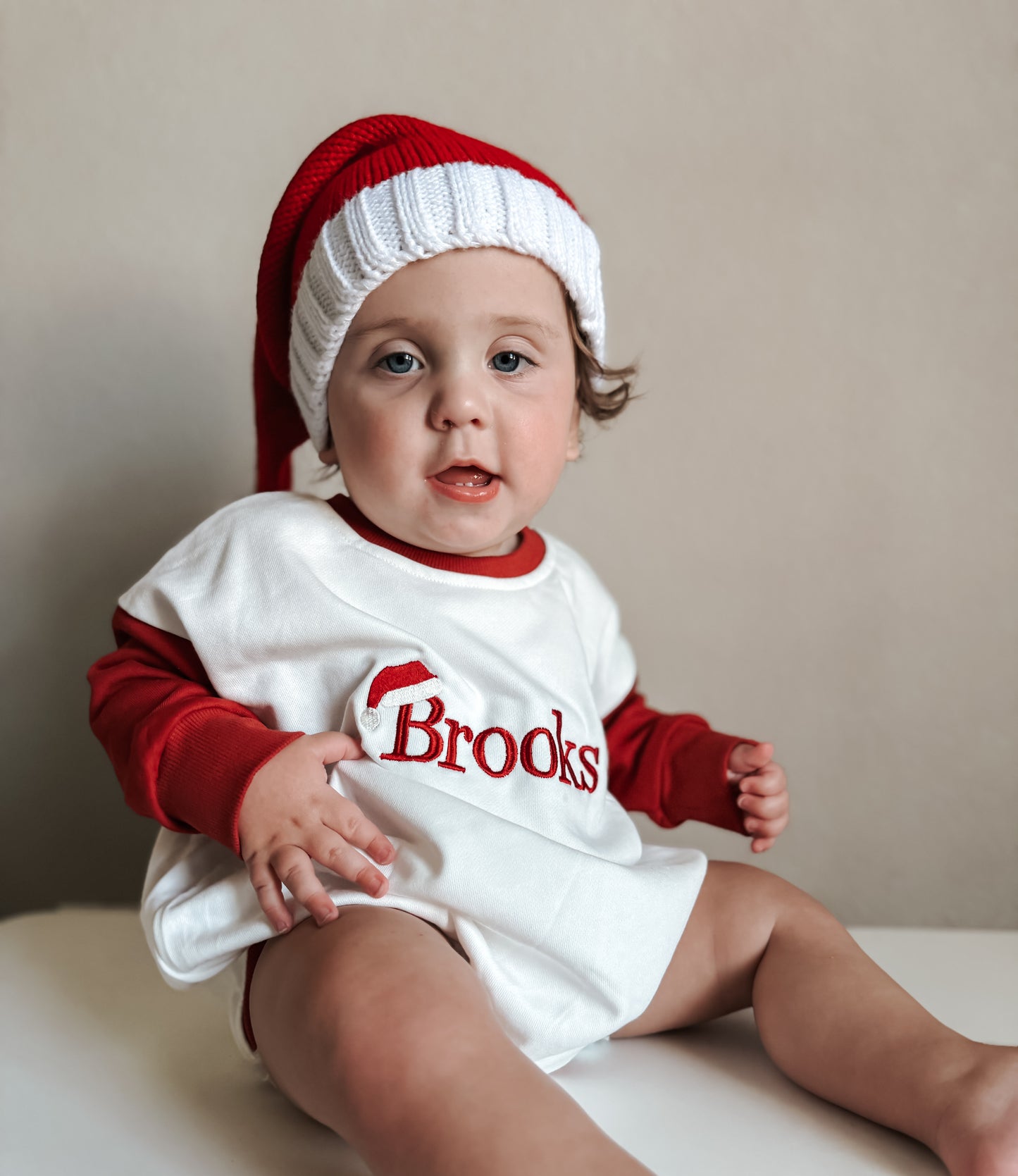 Custom Embroidered Christmas Colorblock Sweatshirt or Romper - Santa Hat