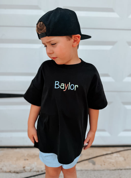 Custom Embroidered Black Oversized Tee or T-Shirt Romper - Neon Lettering