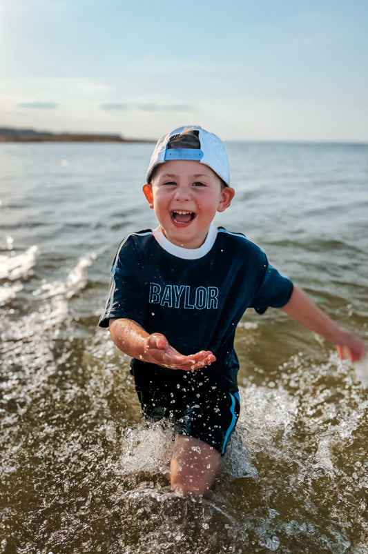 Navy Varsity Organic Cotton Terry Shorts Set with Optional Embroidery