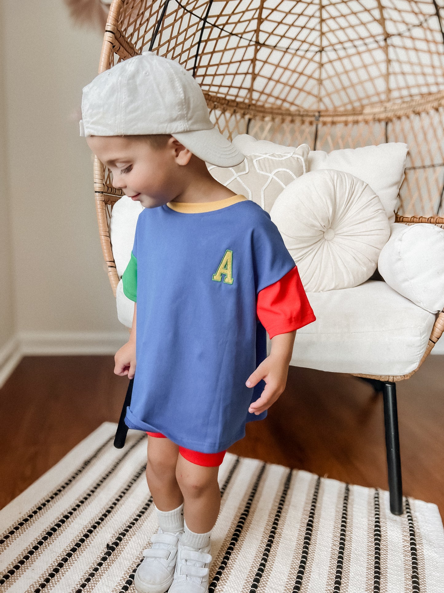 Custom Embroidered 90s Colorblock T-Shirt Romper or Oversized Tee Set - choice of bottoms