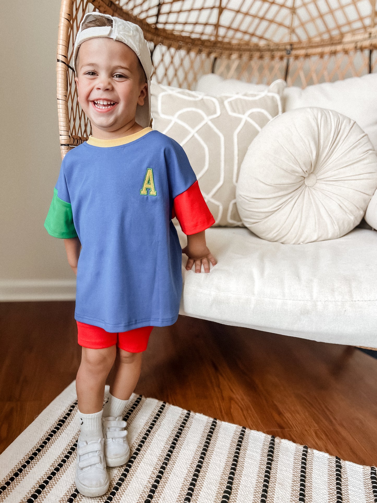 Custom Embroidered 90s Colorblock T-Shirt Romper or Oversized Tee Set - choice of bottoms