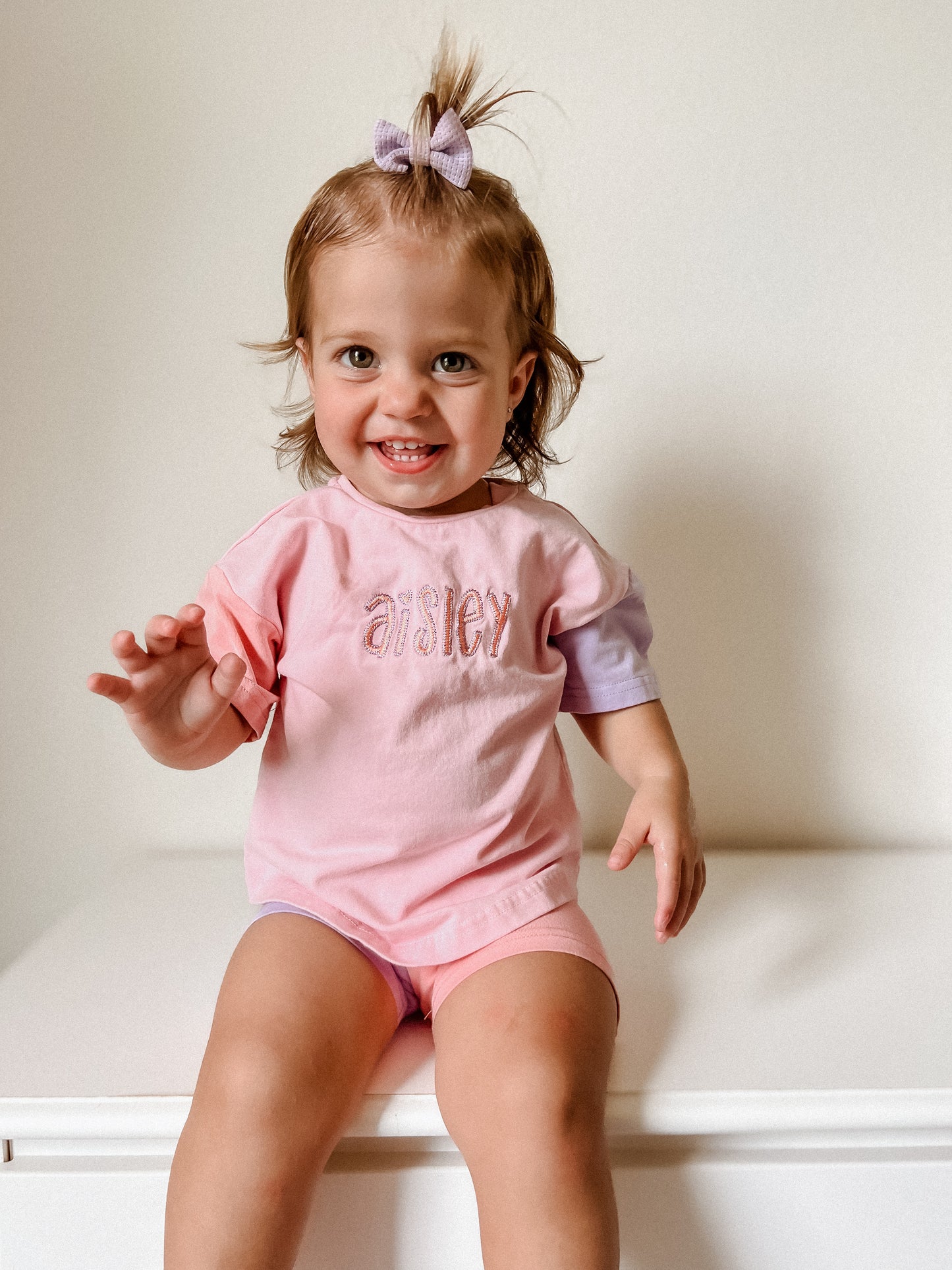 Custom Embroidered Colorblock Tee and Biker Shorts Set - Pink & Purple Set