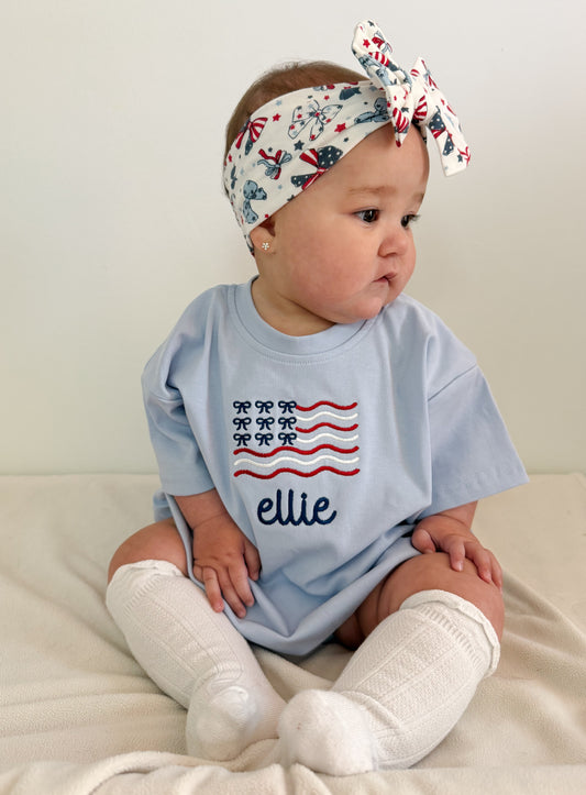 Custom Embroidered Light Blue 4th of July Oversized Tee or T-Shirt Romper - Bow Flag