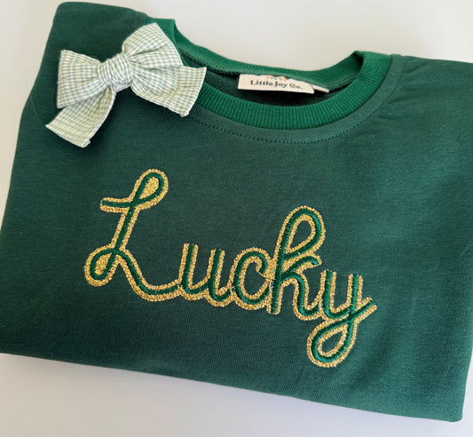 Custom Embroidered St. Patrick's Day Sweatshirt or Sweatshirt Romper - Gold Sparkle