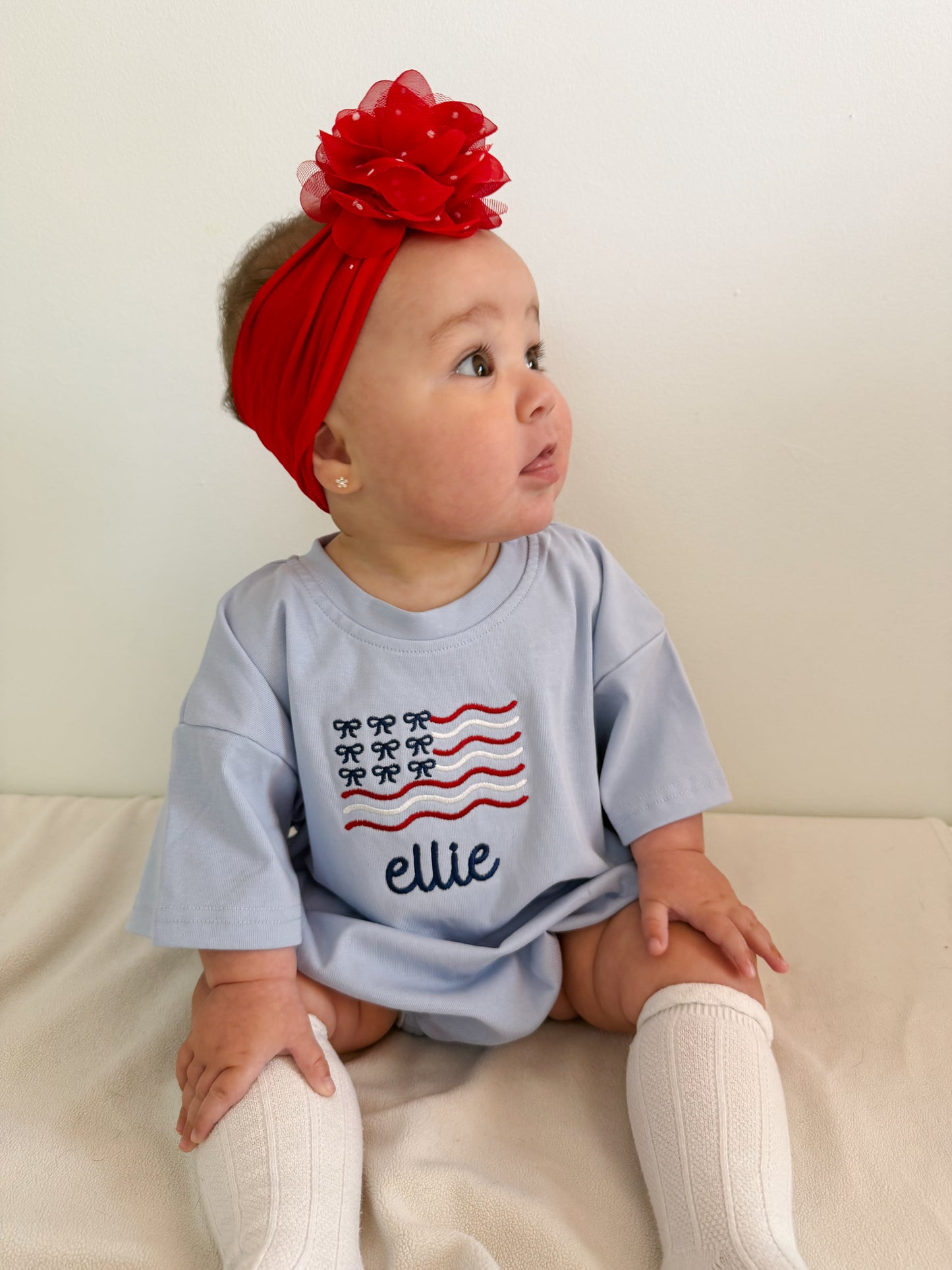 Custom Embroidered Light Blue 4th of July Oversized Tee or T-Shirt Romper - Bow Flag