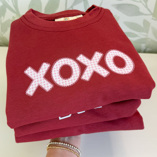 Pink Gingham Lace XOXO Sweatshirt or Sweatshirt Romper