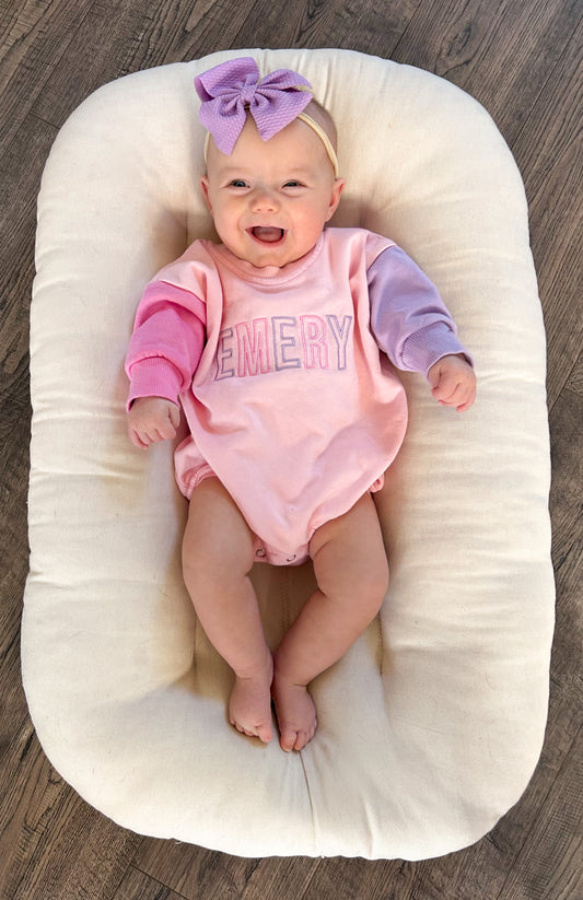Custom Embroidered Colorblock Sweatshirt Romper - Pink & Purple