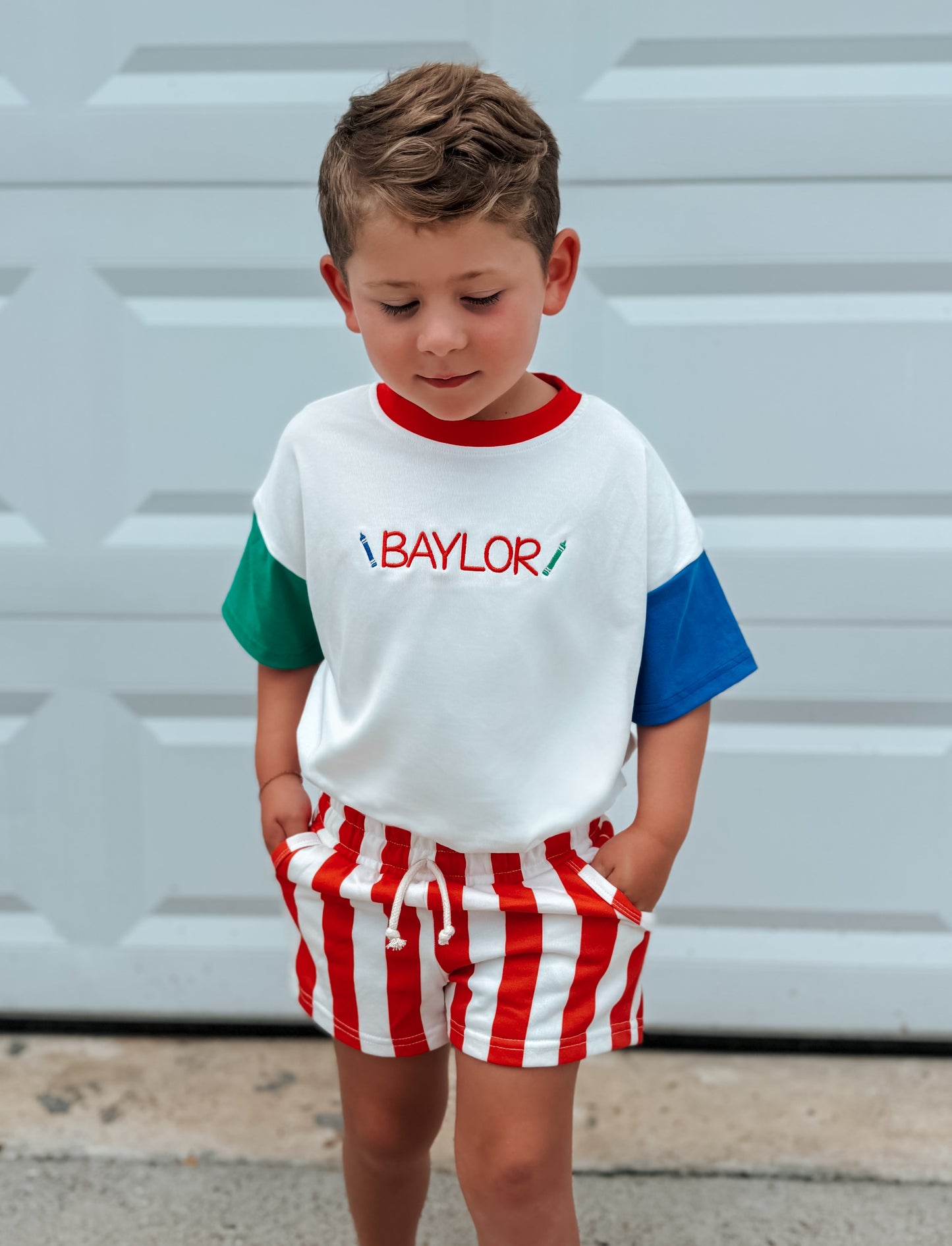 Custom Embroidered Retro Colorblock T-Shirt Romper or Oversized Tee w/Optional Shorts
