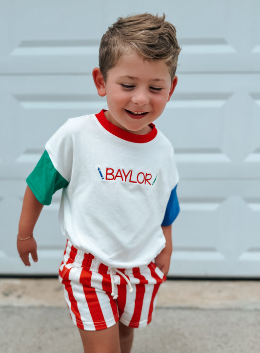 Custom Embroidered Retro Colorblock T-Shirt Romper or Oversized Tee w/Optional Shorts