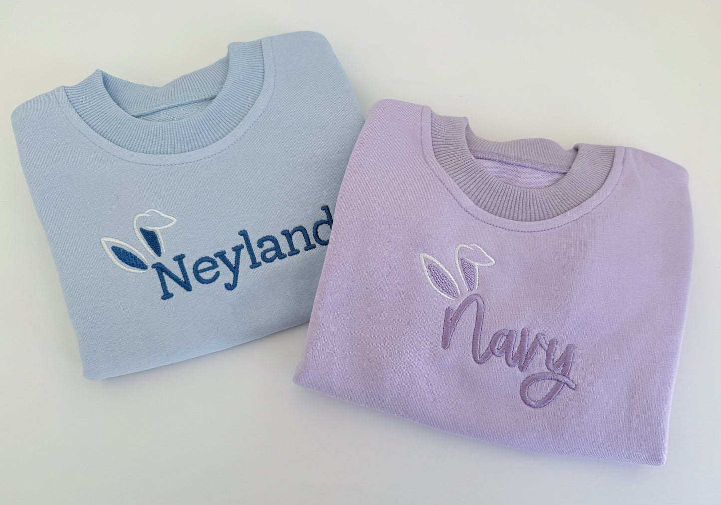 Custom Embroidered Bunny Ears Easter Sweatshirt or Sweatshirt Romper - Blue or Purple