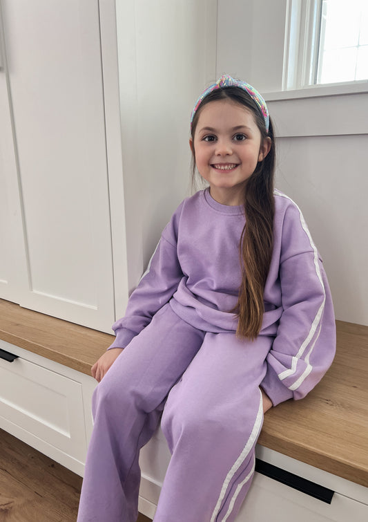 Custom Embroidered Varsity Striped Wide Leg Set - Purple