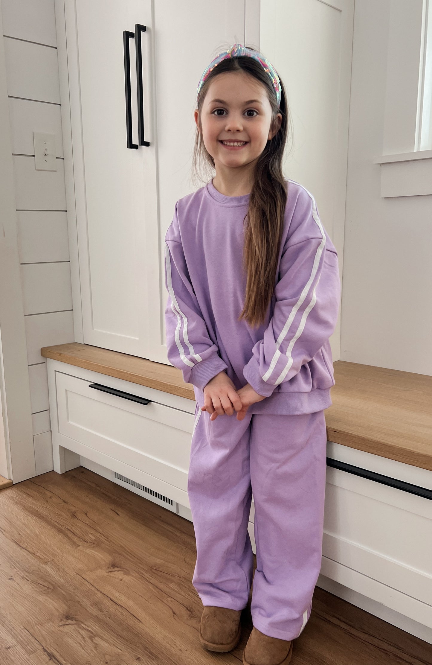 Custom Embroidered Varsity Striped Wide Leg Set - Purple