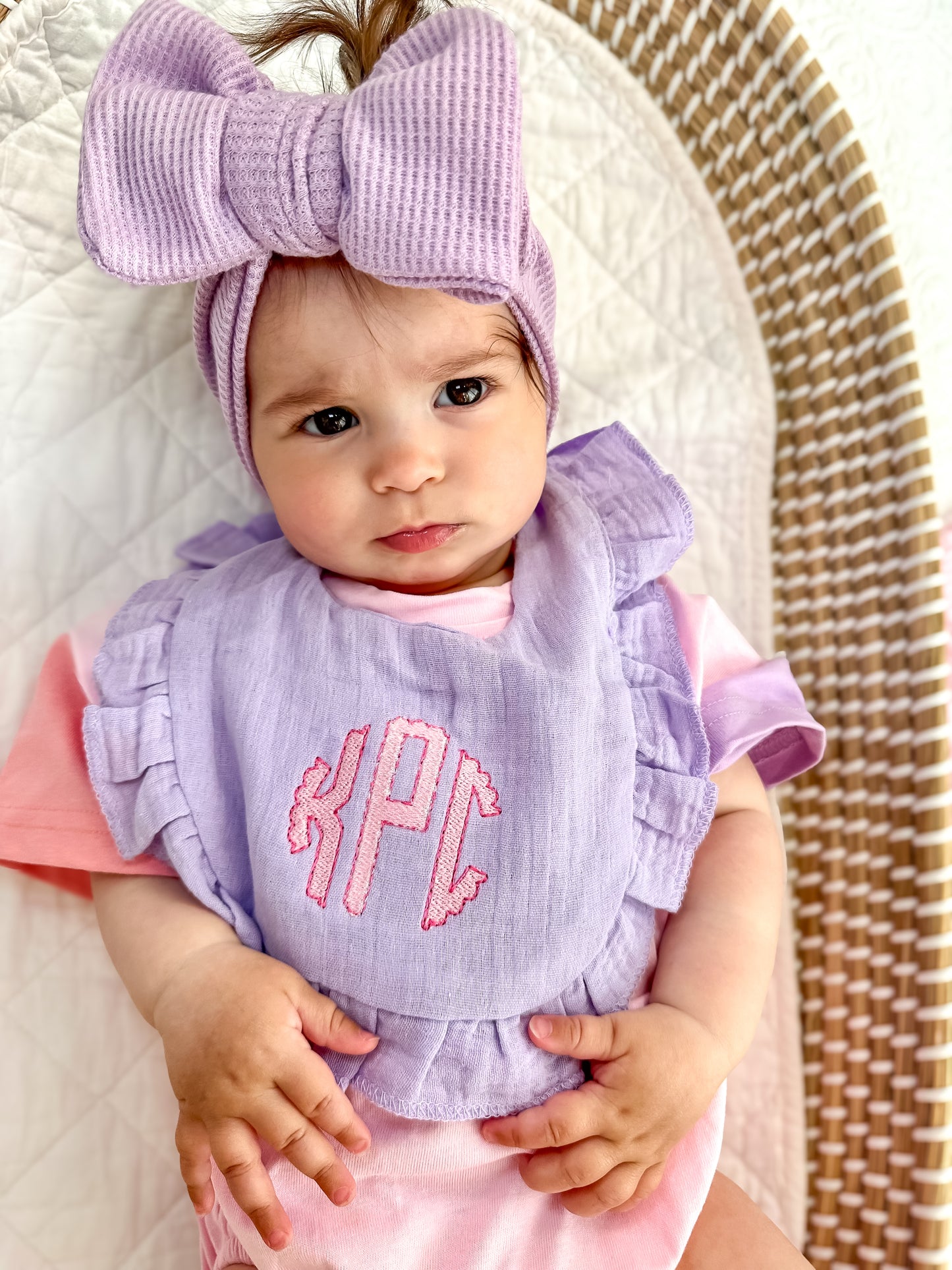 Custom Embroidered Ruffled Muslin Bib - more colors