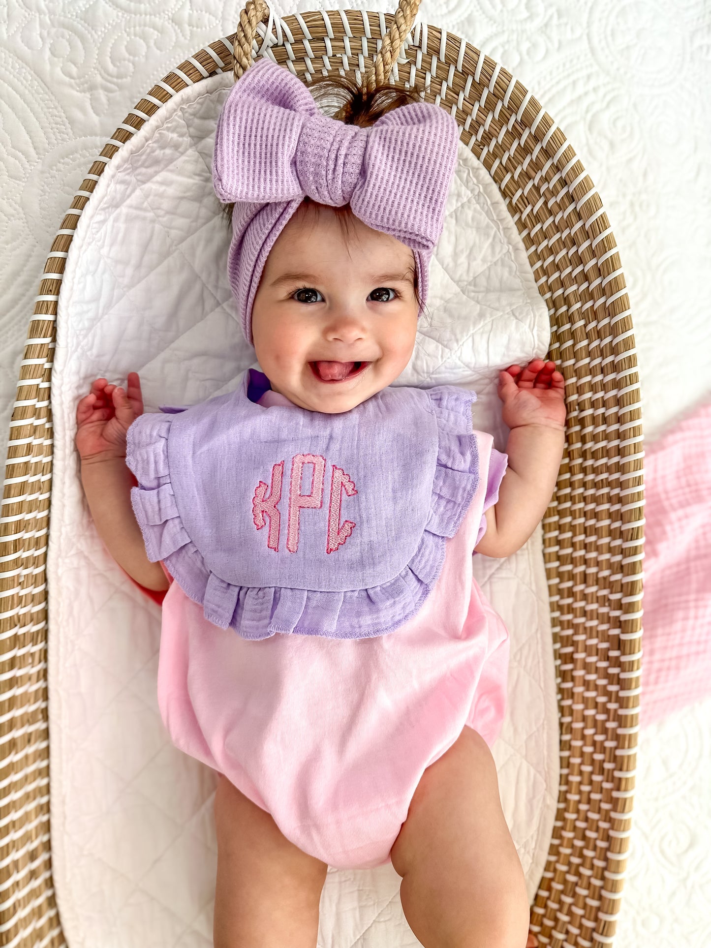 Custom Embroidered Snowball Trim Muslin Bib - more colors