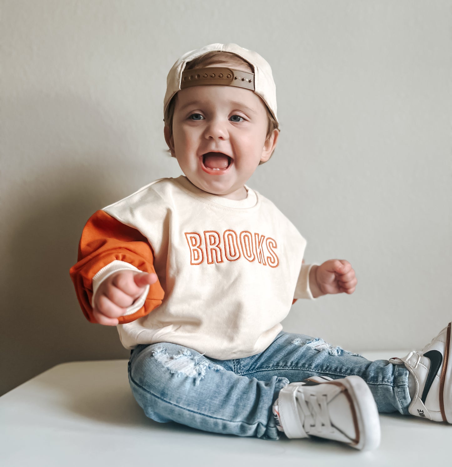Custom Embroidered Orange Colorblock Crewneck Sweatshirt or Romper