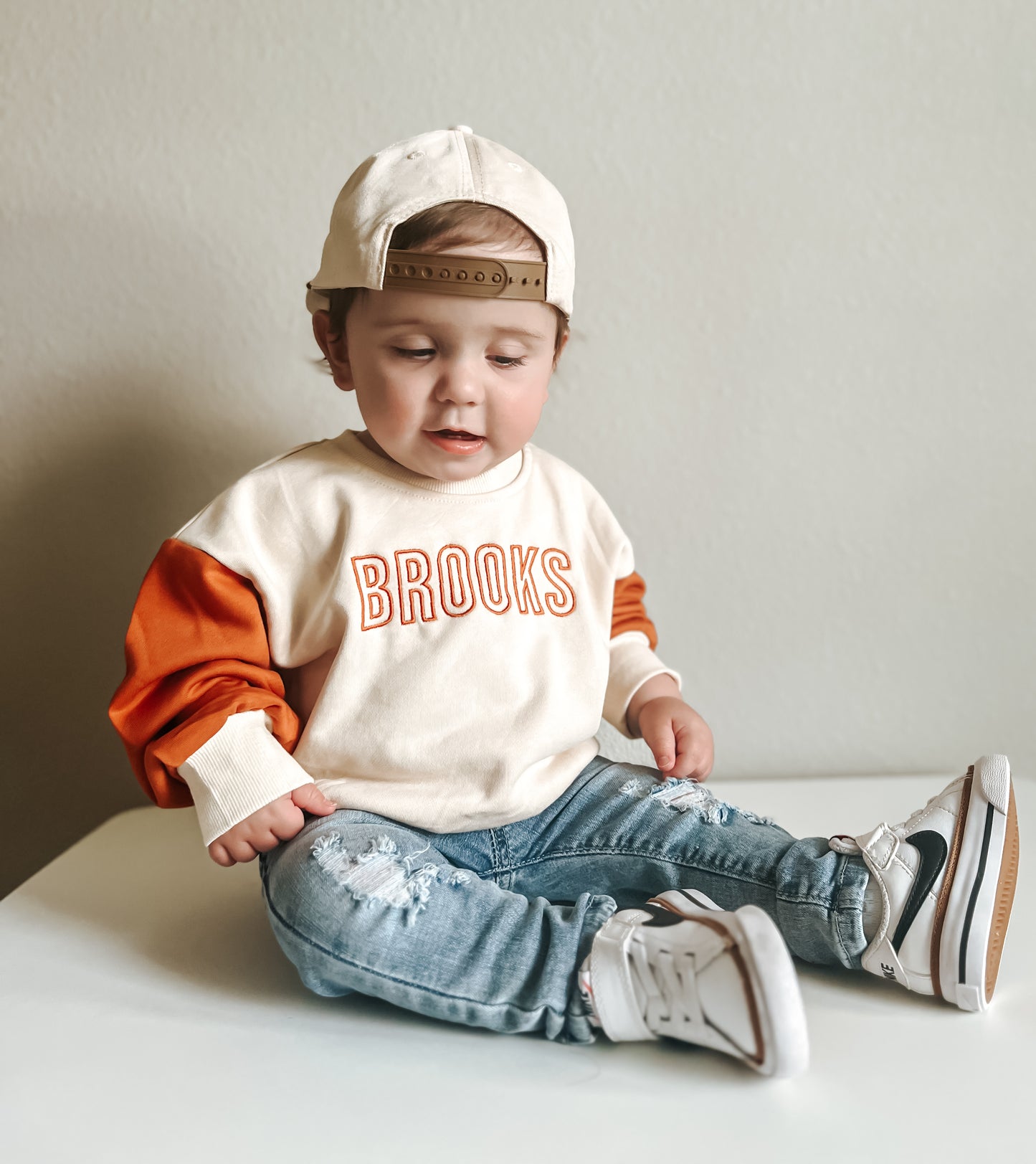 Custom Embroidered Orange Colorblock Crewneck Sweatshirt or Romper