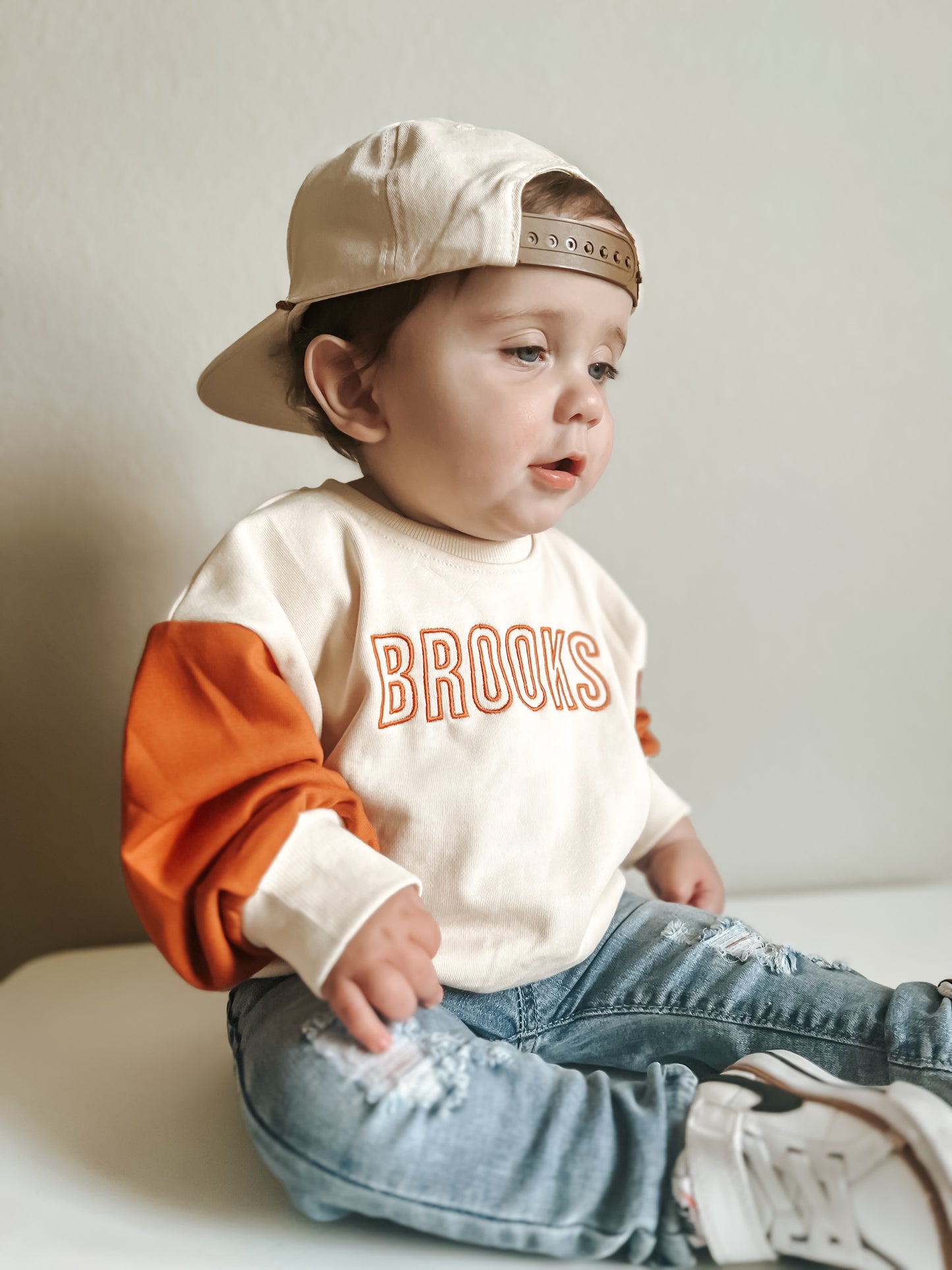 Custom Embroidered Orange Colorblock Crewneck Sweatshirt or Romper