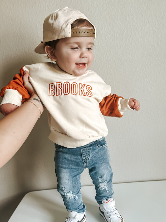 Custom Embroidered Orange Colorblock Crewneck Sweatshirt or Romper