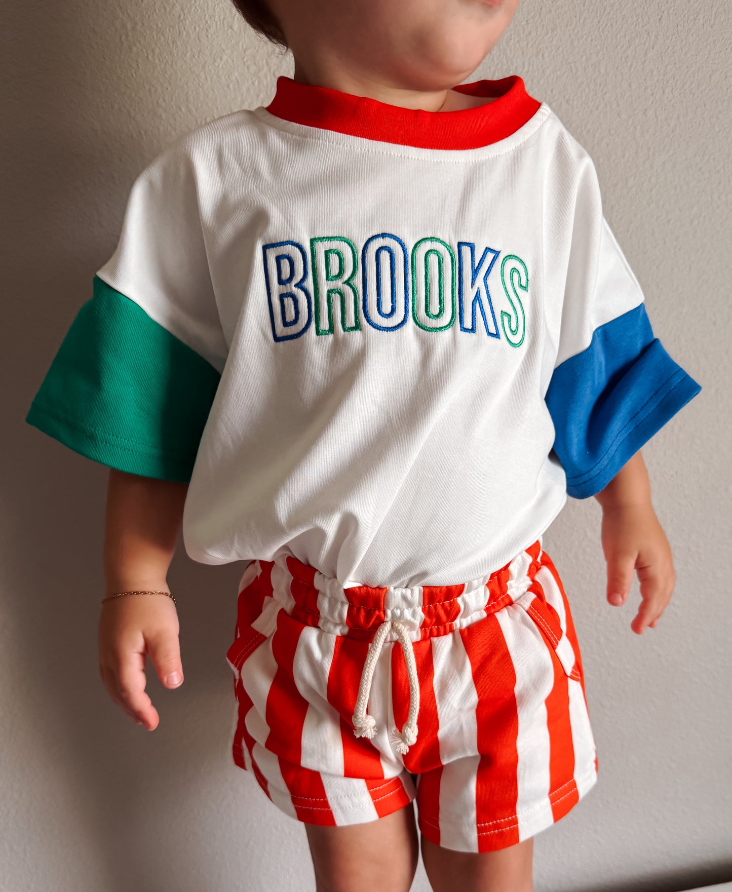 Custom Embroidered Retro Colorblock T-Shirt Romper or Oversized Tee w/Optional Shorts