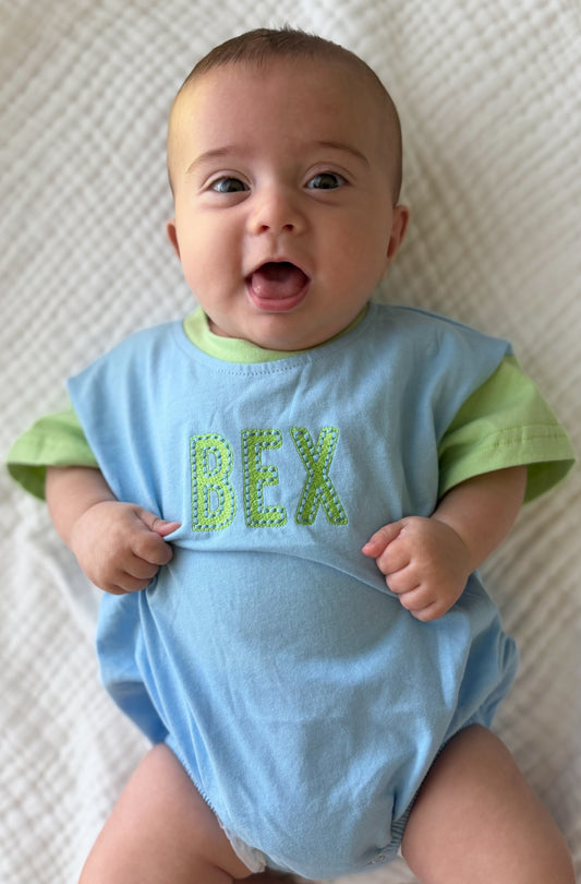 Custom Embroidered Colorblock T-Shirt Romper - Blue & Green