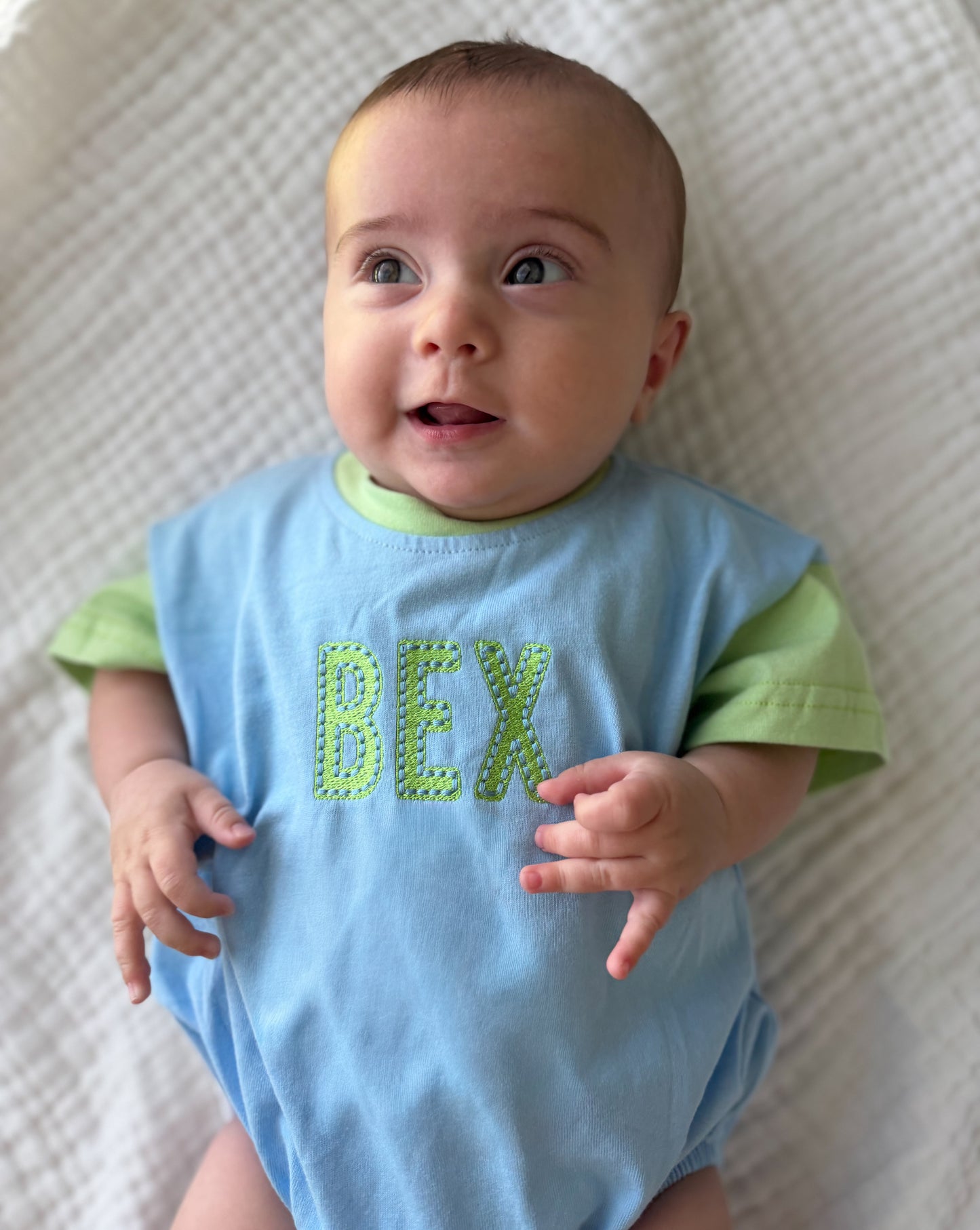 Custom Embroidered Colorblock T-Shirt Romper - Blue & Green