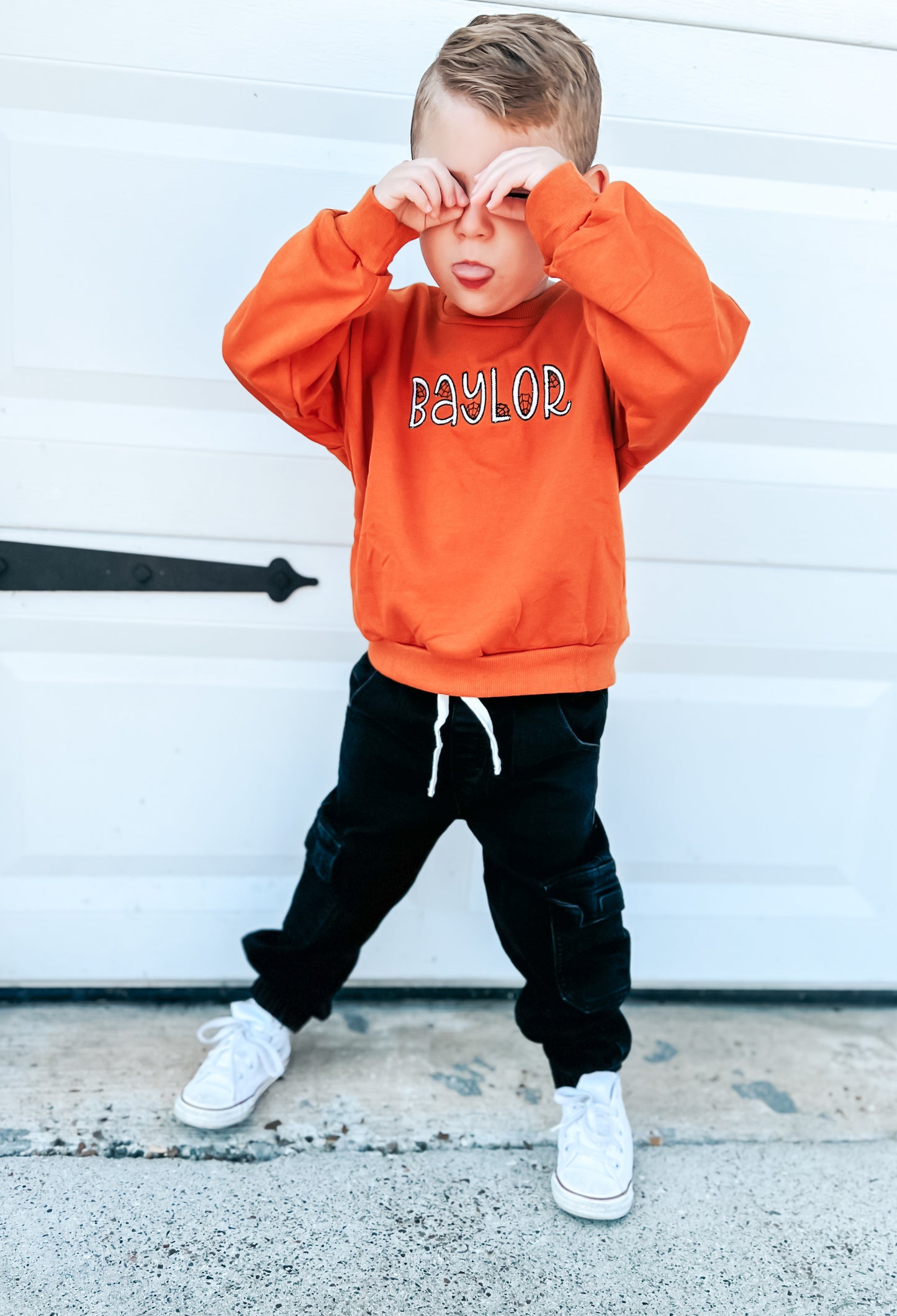 Custom Embroidered Orange Crewneck Sweatshirt, Tee or Bubble Romper - Spiderweb Font