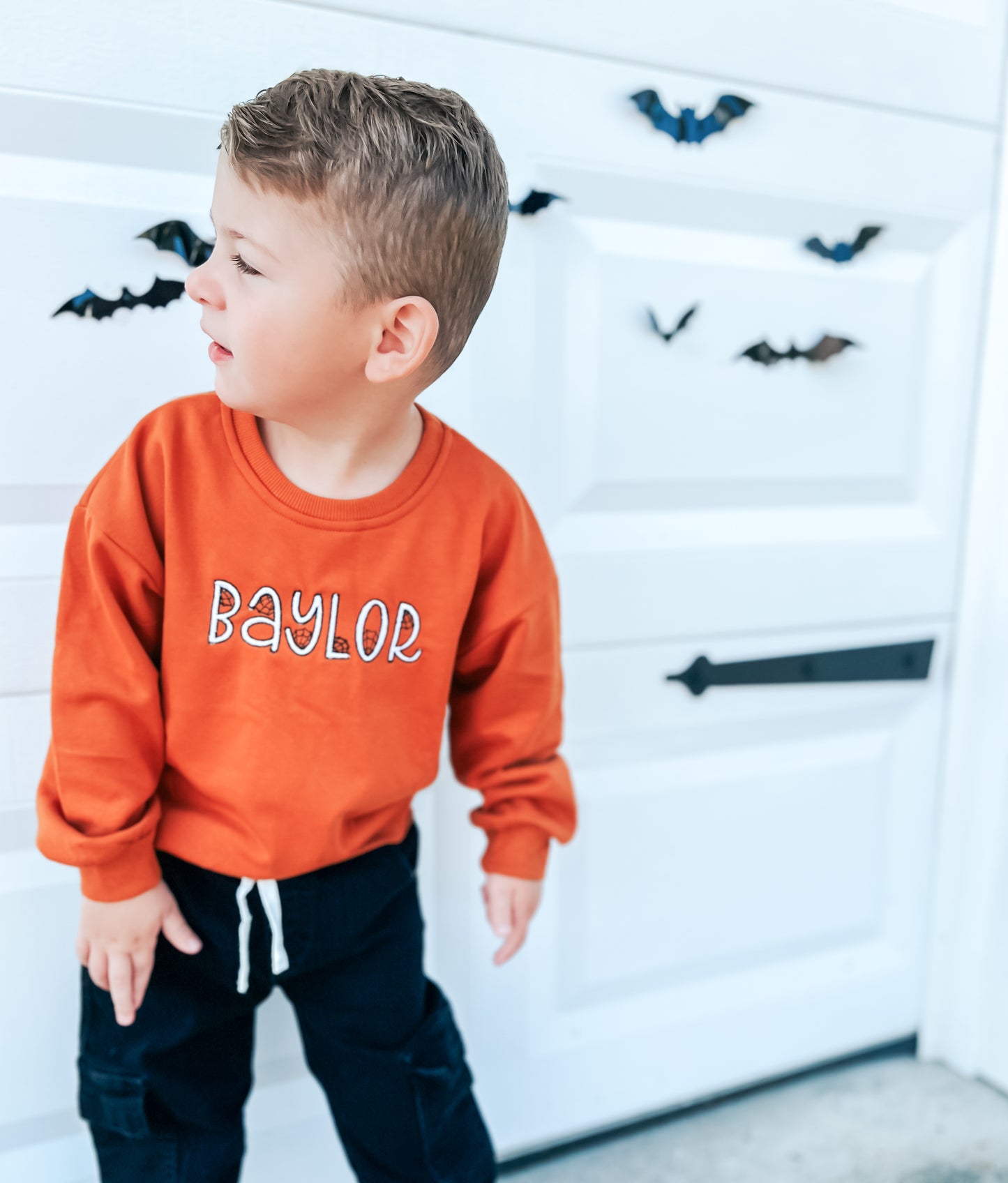 Custom Embroidered Orange Crewneck Sweatshirt, Tee or Bubble Romper - Spiderweb Font
