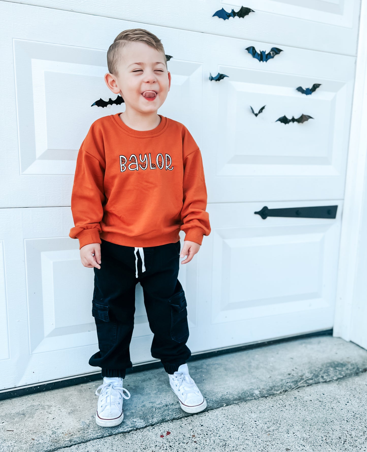 Custom Embroidered Orange Crewneck Sweatshirt, Tee or Bubble Romper - Spiderweb Font