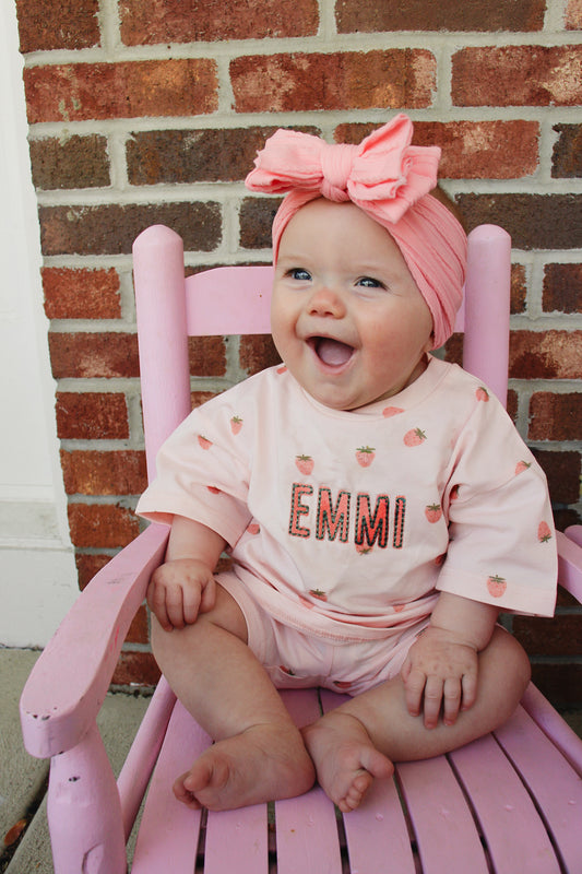 Personalized Embroidered Organic Cotton Strawberry Print Shorts Set