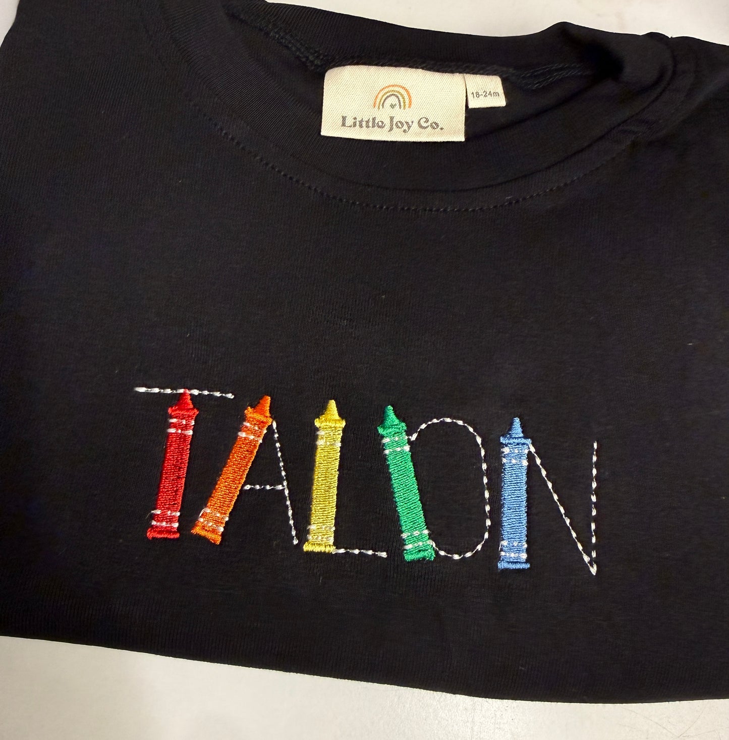 Custom Embroidered Black Oversized Tee or T-Shirt Romper - Back to School Crayon Font