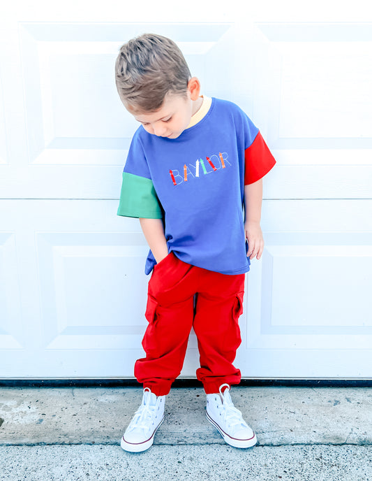 Custom Embroidered 90s Colorblock T-Shirt Romper or Oversized Tee Set - choice of bottoms