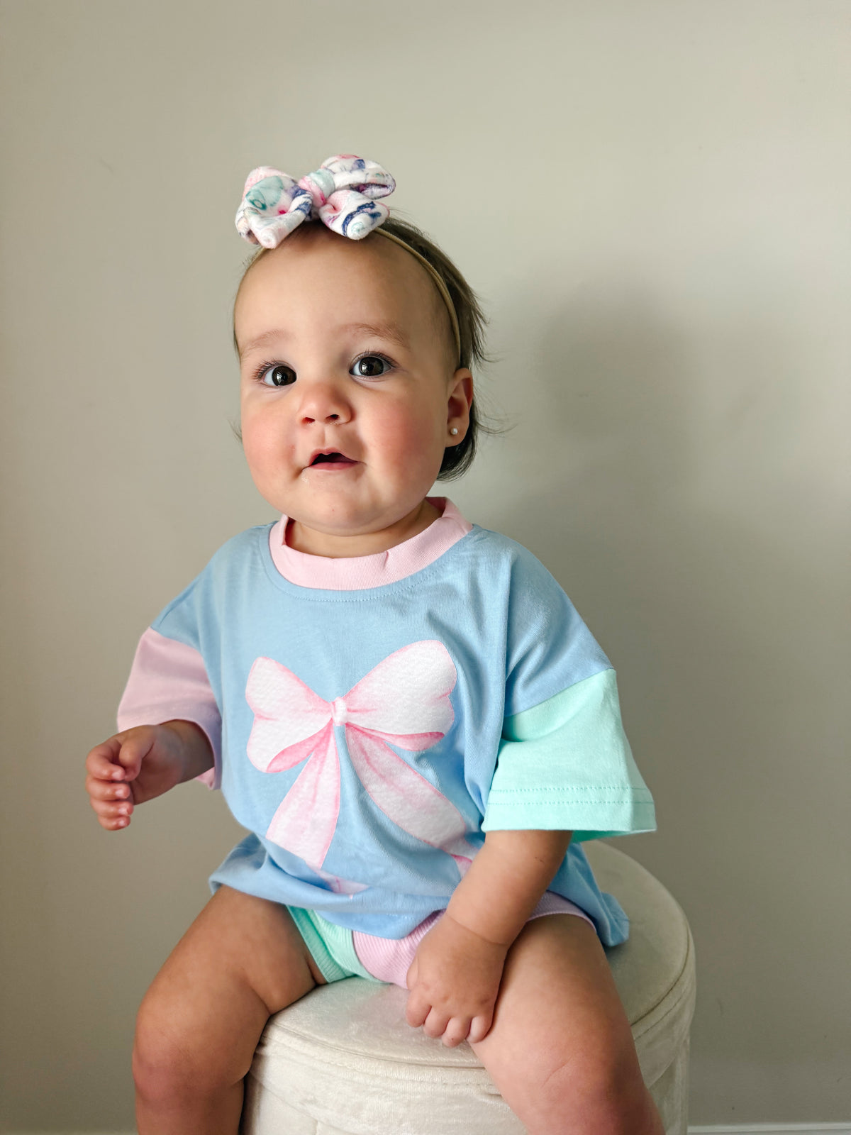 Pink Bow Colorblock Tee & Bamboo Shorts Set