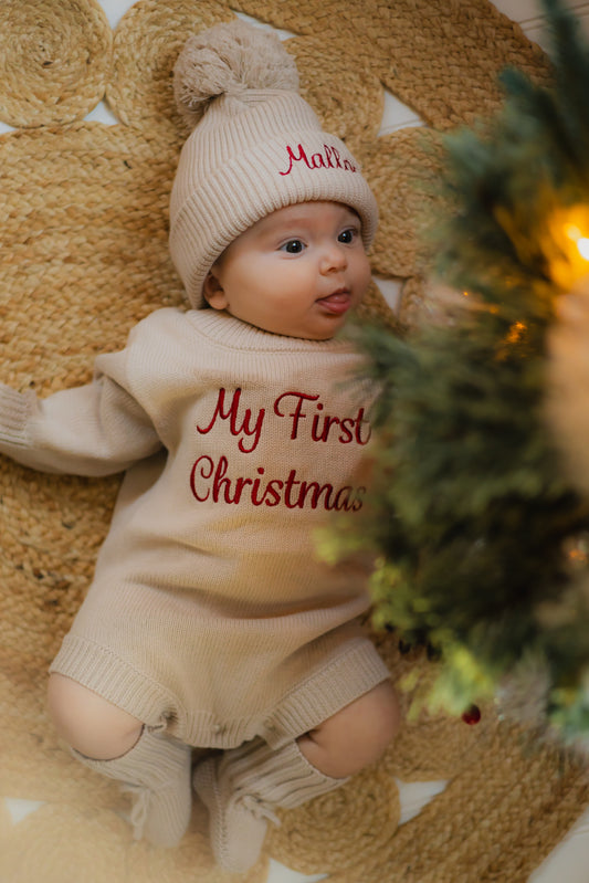 Custom Embroidered My First Christmas Knit Sweater Romper + Add-On Booties & Hat Set