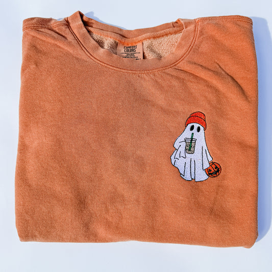 Adult Embroidered Iced Coffee Ghost Comfort Colors Crewneck Sweatshirt - more colors
