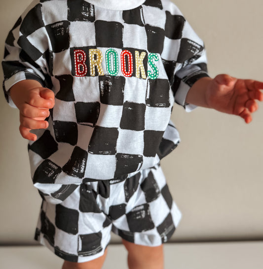 Personalized Embroidered Organic Cotton Black & White Checkered Shorts Set